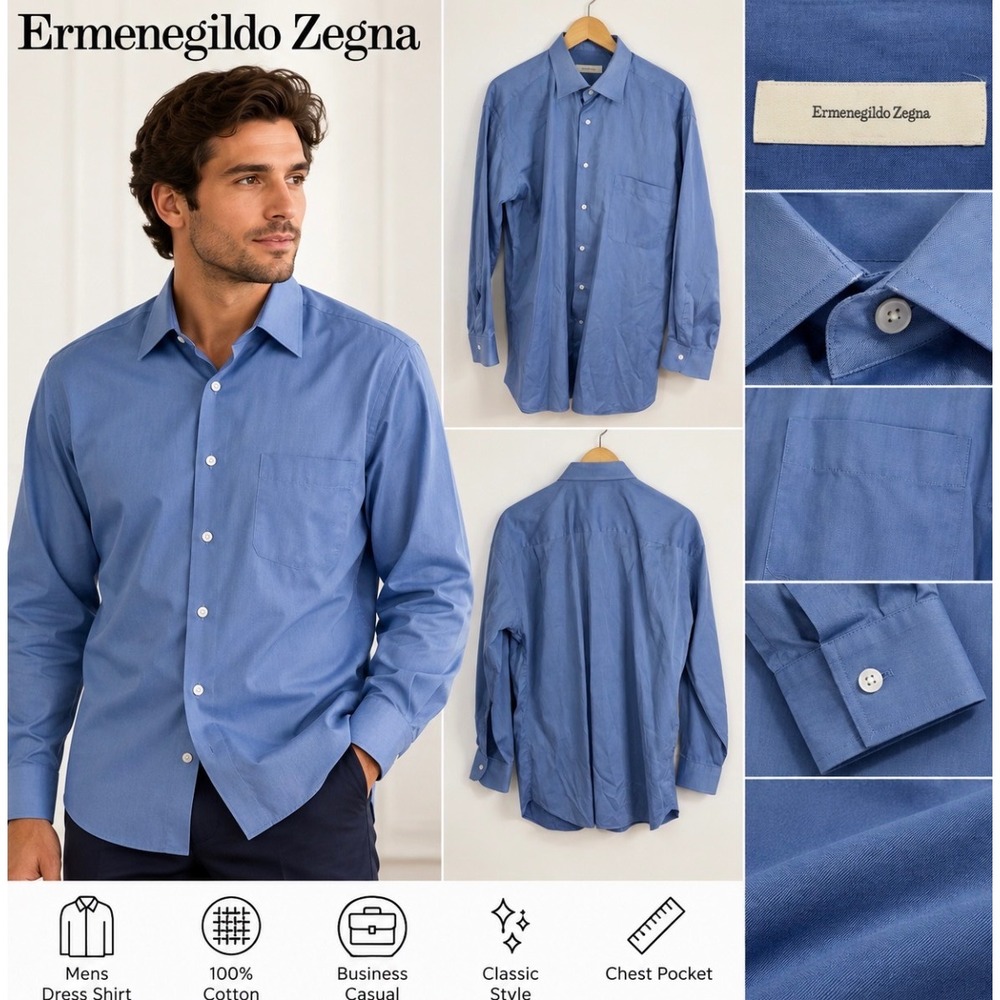 Ermenegildo Zegna Mens Blue Long Sleeve Button Down Shirt Size 17 43 XL